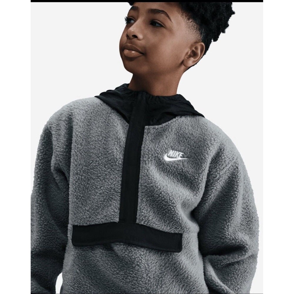 Nike Club Fleece Sherpa Hoodie Big Kids L Gray Black 1/4 Zip HV0383-084